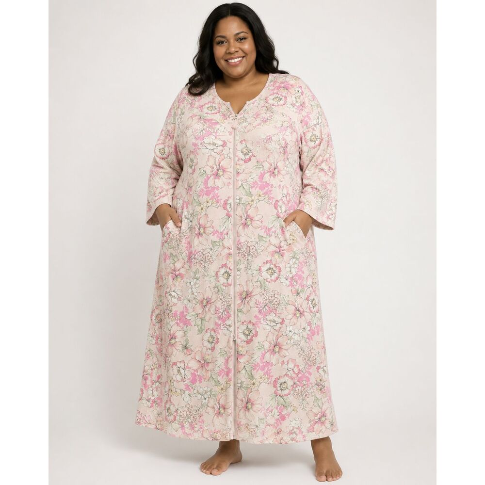 Miss Elaine Interlock Knit Long Pink Floral Robe Zip-Front Lounge Robe Sz 2X